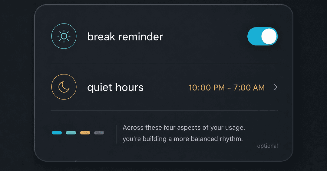 break reminderのトグルとquiet hoursの時間帯設定、使い方の4側面をやさしく促す観察ノートの設定カード