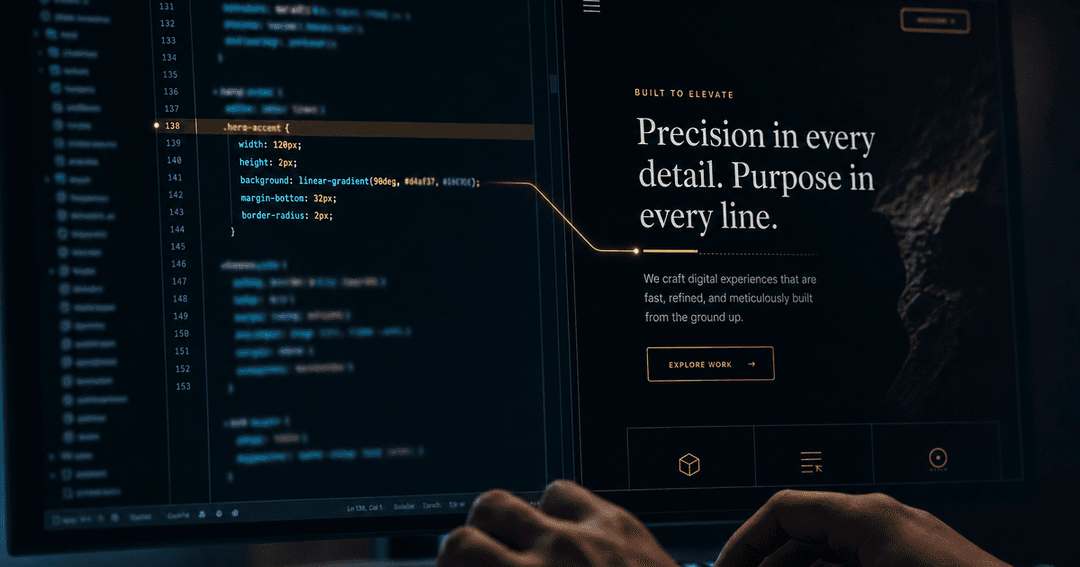 ダークなコードエディタで職人がコードを打ち、隣のライブプレビューでサイトの細部がリアルタイムに磨かれていく手元