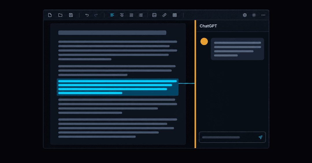 文書の右側にChatGPTのサイドバーが開いた文書作成ソフトの画面。本文の1段落が選択され、サイドバーとつながっている