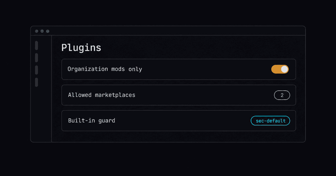組織の管理画面のPluginsの設定。「Organization mods only」のスイッチがオンで、許可するマーケットプレイスは2、見張り役のsec-defaultが表示されている