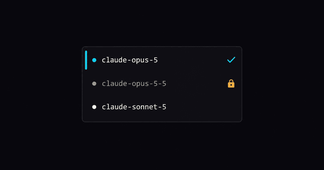 暗い配色のモデル選択リスト。claude-opus-5の行は選べる状態で、その下のclaude-opus-5-5の行だけ鍵のアイコンが付いて薄く表示されている