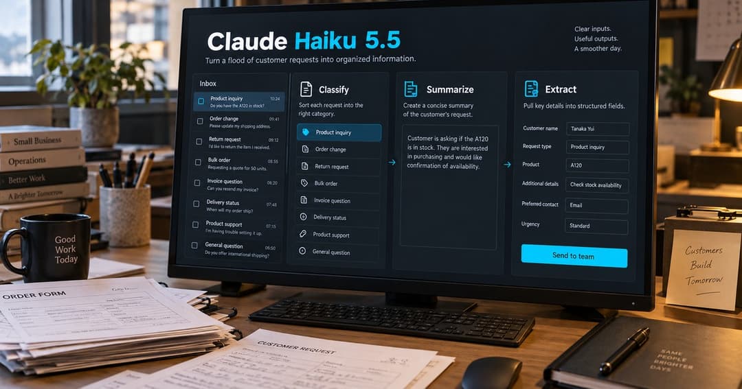 Claude Haiku 5.5で分類・要約・抽出を行う架空の業務画面