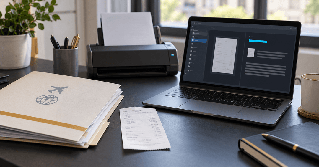 紙の規程とスキャナー、資料を探すノートパソコンの情景