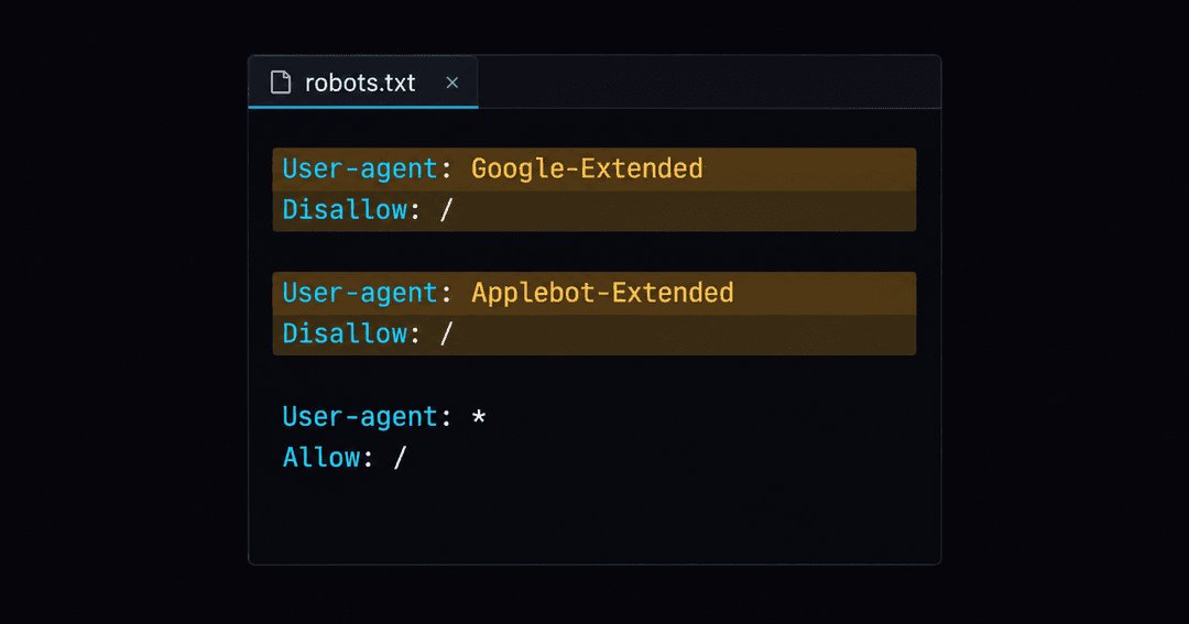 robots.txtファイル。Google-ExtendedとApplebot-Extendedに対する拒否の行が強調され、通常のクローラーへの許可行はそのまま残っている