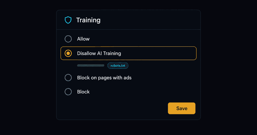 設定画面。許可、Disallow AI Training、広告のあるページだけブロック、ブロックの4択のうち、Disallow AI Training が選ばれている