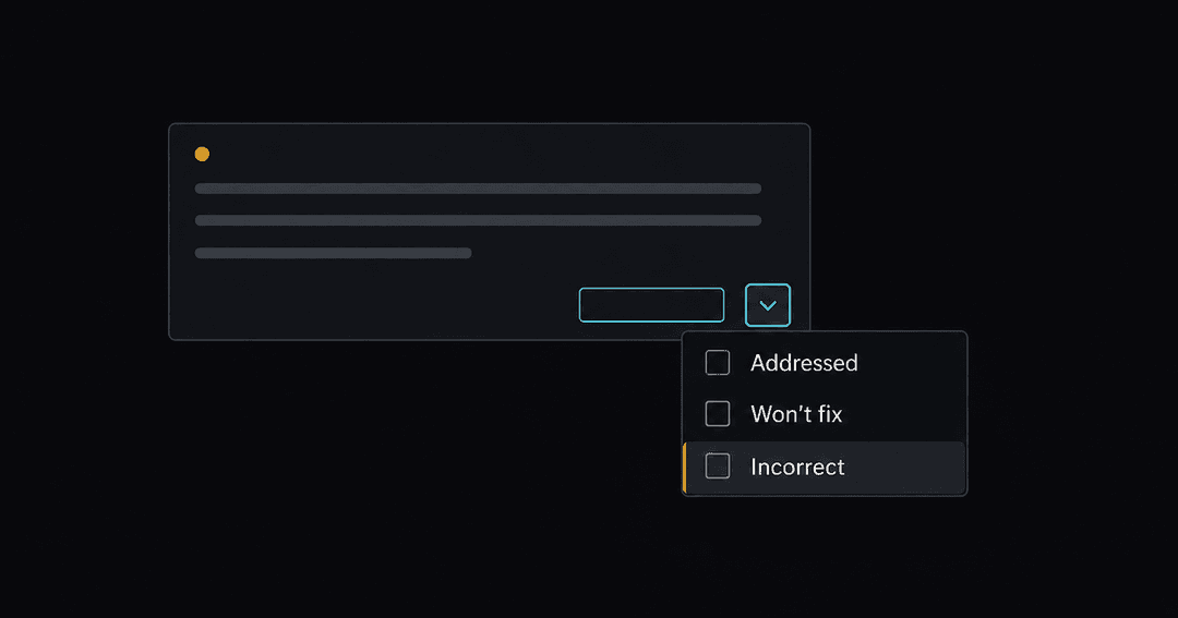 レビューコメントの解決ボタンの隣に開いた、Addressed・Won't fix・Incorrectの3つの選択肢が並ぶドロップダウン