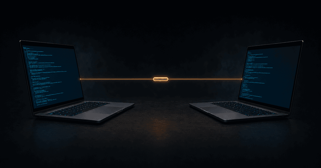 暗い机の上に2台のノートPCが向かい合って置かれ、それぞれのターミナル画面のあいだを1行だけの短いメッセージが渡っていく様子
