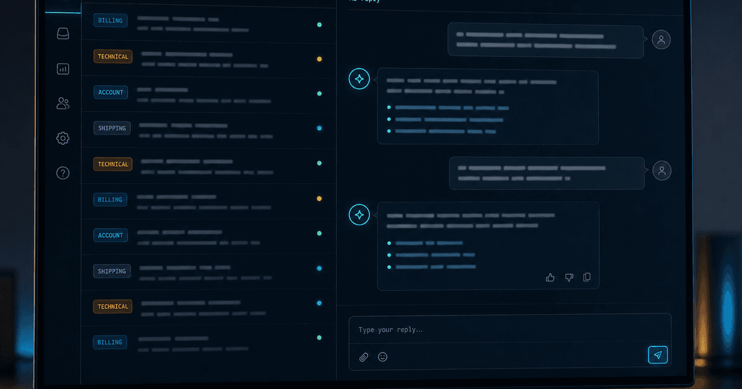 ダークテーマの顧客対応ダッシュボード。左にAIが分類・要約した問い合わせの受信トレイ、右にクライアント専用のAIチャットが表示されている