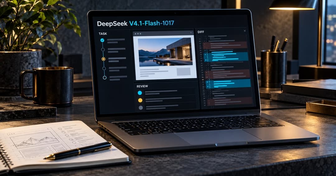 DeepSeek V4.1-Flash-1017を使う開発作業を表す、差分とWebページを確認する机