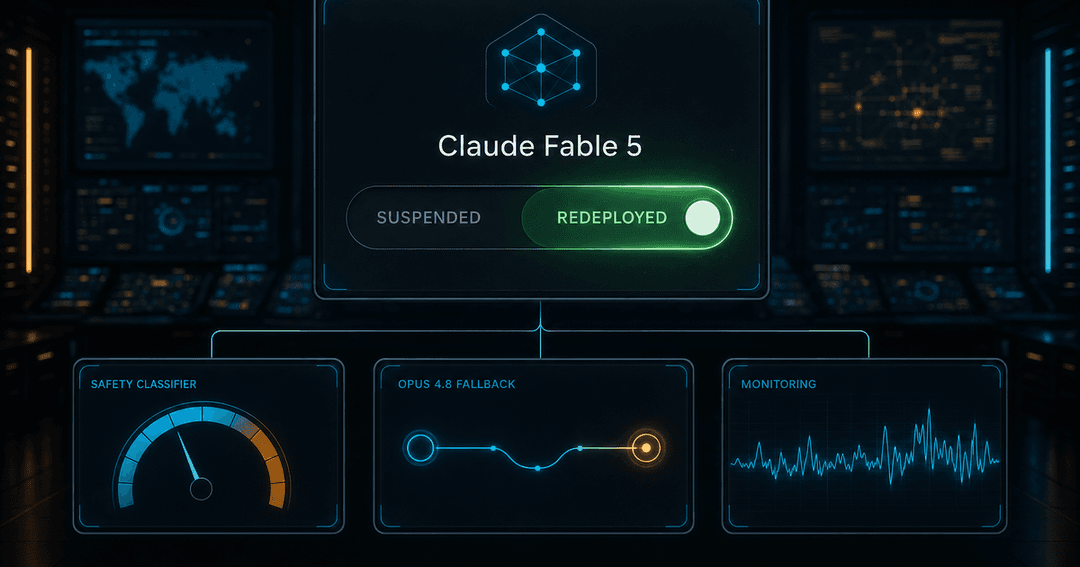 ダークな運用管制室のような画面。中央に Claude Fable 5 と表示された大きなステータスが SUSPENDED から REDEPLOYED へ切り替わり、周囲に安全分類器・fallback・監視の小さなパネルが並ぶ
