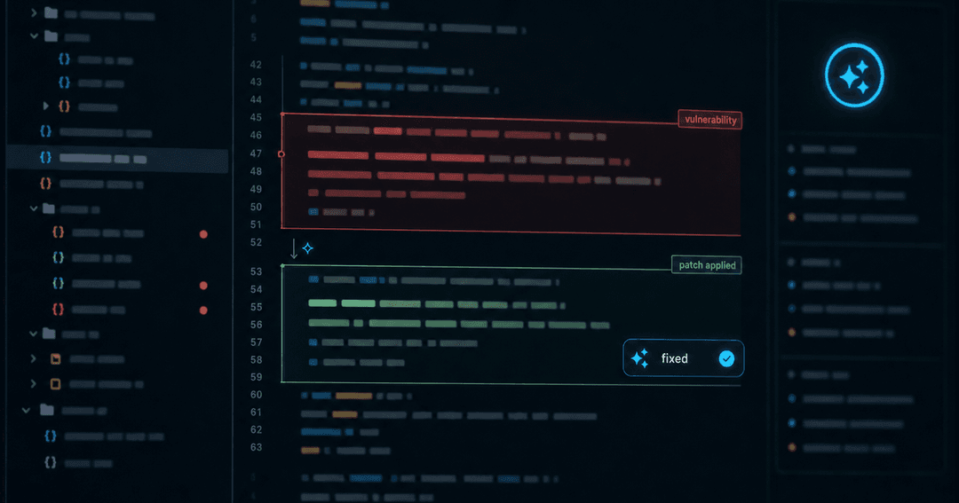 ダークテーマのコードエディタ。AIがコードベースを解析して脆弱性を検出し、修正パッチを提示している画面。Vulnerability fixed と短い英語ラベルが表示されている