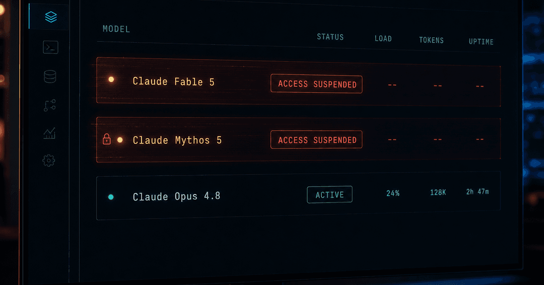 ダークテーマのAIコンソール画面。モデル一覧で Claude Fable 5 と Claude Mythos 5 の行が赤く ACCESS SUSPENDED と表示され、Claude Opus 4.8 だけが通常稼働している