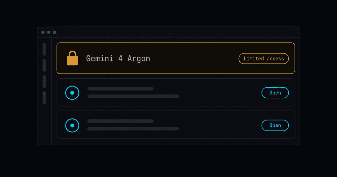 モデルのアクセス管理画面。Gemini 4 Argonの行には鍵のマークと「Limited access」の表示があり、ほかの2行は「Open」と表示されている