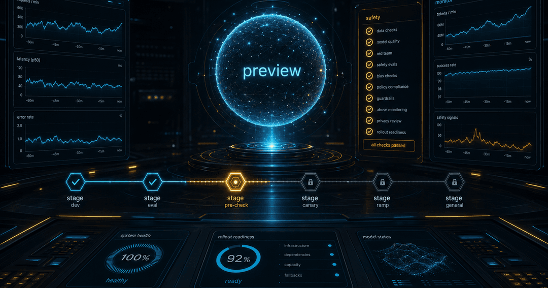 ダークな運用管制画面。中央に新AIモデルのアイコンと『preview』の表示、周囲に段階公開のゲージ、安全評価のチェックリスト、リアルタイム監視のグラフ。新しいモデルが慎重に少しずつ展開されていく様子。シアンとゴールドのアクセント