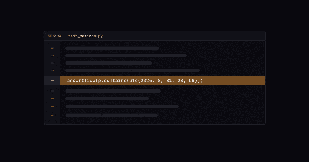 暗い配色の差分表示。test_periods.py の中で、8月31日23時59分を含むかを確かめる1行だけが追加行として色付きで表示されている