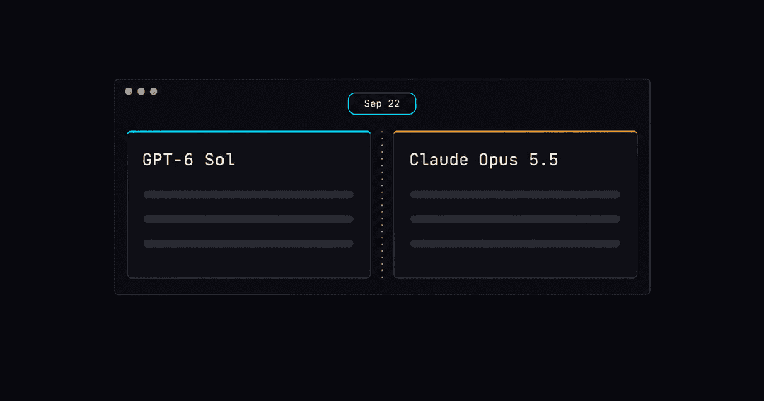 暗い配色の比較画面。上に Sep 22 の日付、その下に GPT-6 Sol と Claude Opus 5.5 のカードが左右に並んでいる