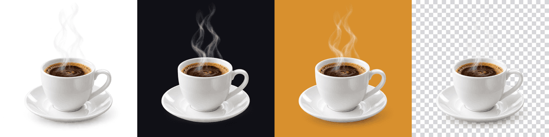 公式の透過指定で生成したコーヒーカップの画像を、白地・濃い地・ゴールド地・市松模様の4つの背景に重ねた比較