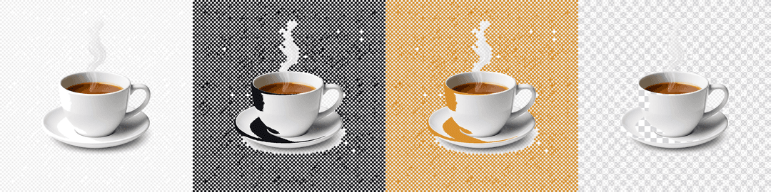 自作の回避策で作った同じ画像を4つの背景に重ねた比較。濃い地とゴールド地では背景全体に白い点々が残っている