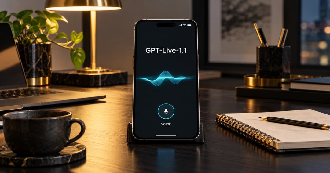 GPT-Live-1.1で音声対話をする場面を表す、スマートフォンとメモのある机