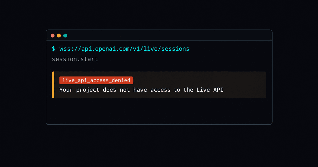 ターミナルでGPT-LiveのAPIに接続し、アクセス拒否のエラーが返っている画面