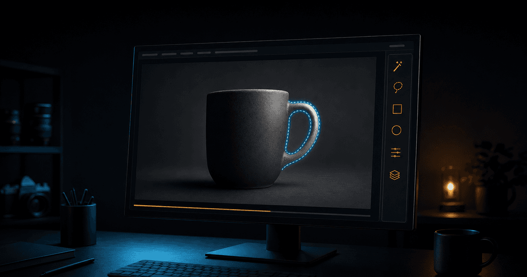 暗い作業机に置かれた大型ディスプレイに画像編集アプリが映り、1枚の商品写真の一部だけが選択されて編集されている様子