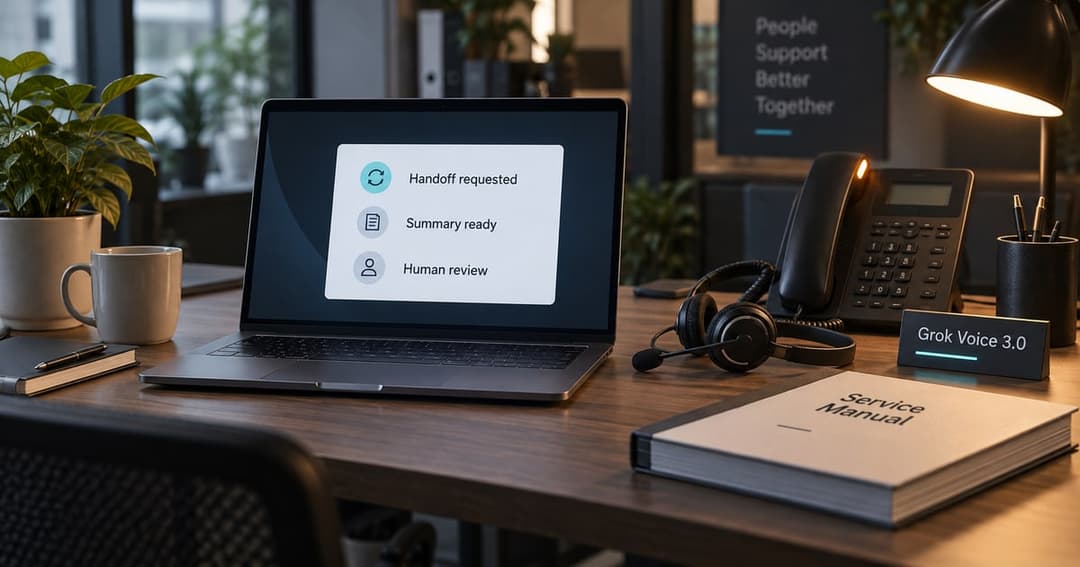 AIから人へ用件を引き継ぐ場面を表す、電話とノートPCのある机
