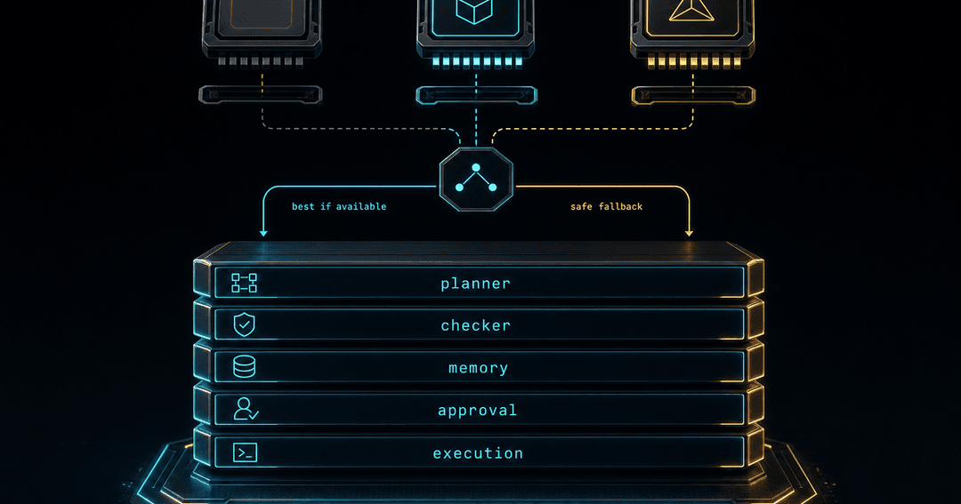 エージェント基盤の構成図風のダッシュボード。planner・checker・memory・approval・execution の5層がモデルプロバイダーから分離して描かれ、上部のモデル選択が best-if-available と degraded-but-safe の2系統に振り分けられている画面