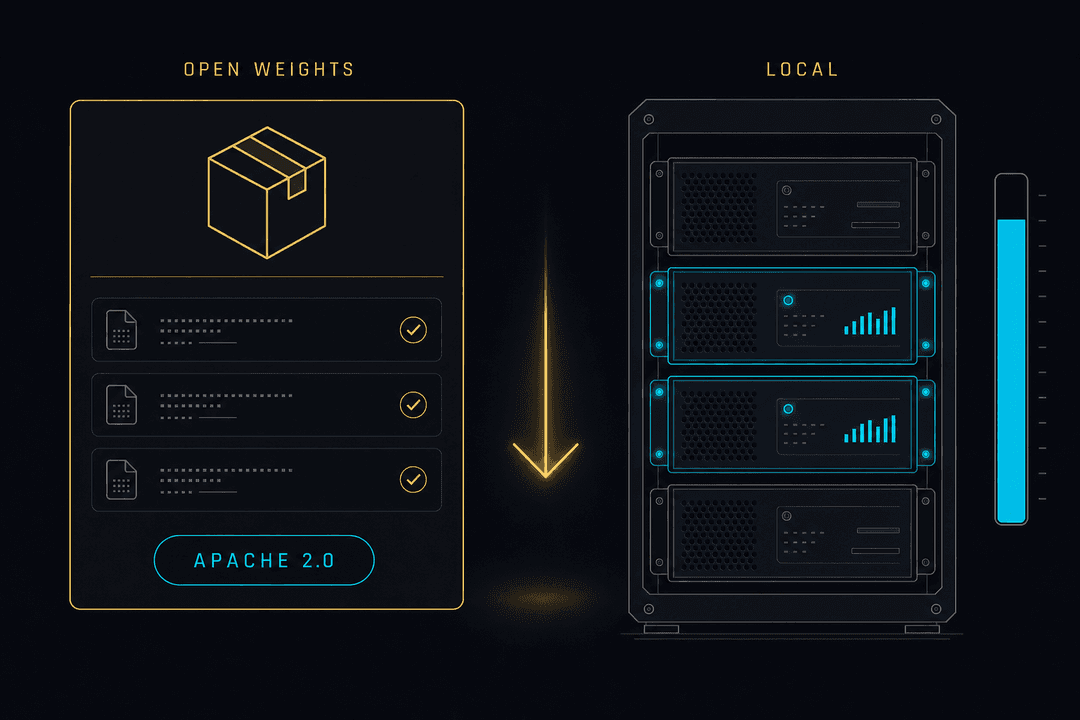 ダークな管理画面。左にオープンウェイトとApache 2.0を示すモデルカード、右に自社サーバーラックのパネルとダウンロード進捗が並ぶ