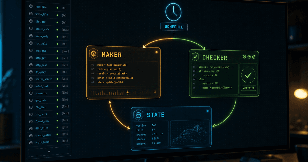 ダークテーマの開発ダッシュボード。中央に自律ループの図が描かれ、Maker（作る）→Checker（検証する）→State（外部状態に残す）の3つのパネルが矢印でつながり、上部にスケジュールの時計、左に再利用可能なスキル一覧が並んでいる