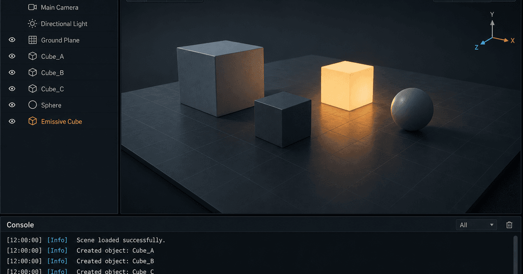 ダークなゲームエンジンのエディタ画面。3Dシーンビューに配置されたオブジェクト、左に階層パネル、右にAIの操作ログ