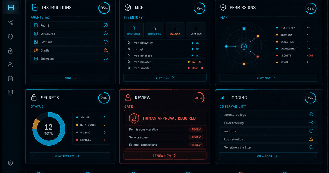 ダークなAgent Readiness Audit（エージェント導入診断）のレポート画面UIモック。作業契約・MCP棚卸し・権限マップ・秘密情報・レビュー関所・記録の各セクションに状態のスコアが付き、人間の承認が必要な操作が赤系で示されている。シアンとゴールド