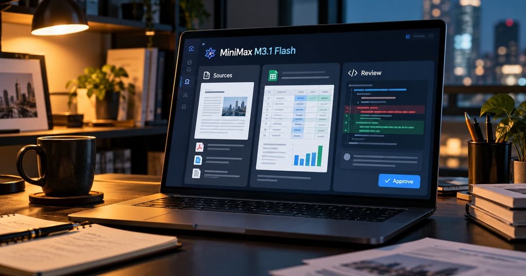 MiniMax M3.1 Flashで資料・表・コードを確認する作業机のイメージ