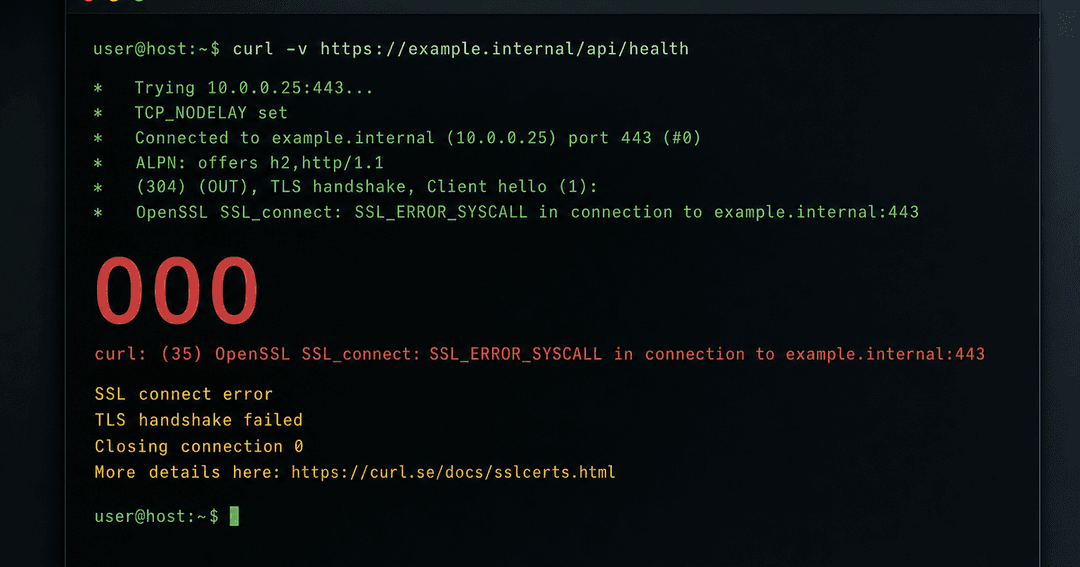 ダークなターミナル画面。curlコマンドの出力にステータスコード000とTLSハンドシェイク失敗のメッセージが表示され、原因の証明書未発行を切り分けている診断シーン