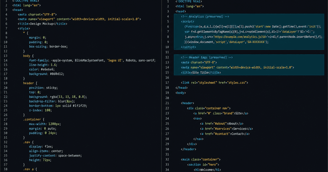 ダークテーマのコードエディタ。左にAIが生成したデザインのHTML/CSSの束、右に統合先のテナントindex.htmlが開かれ、計測タグと標準ヘッダーがハイライトされて温存されている様子
