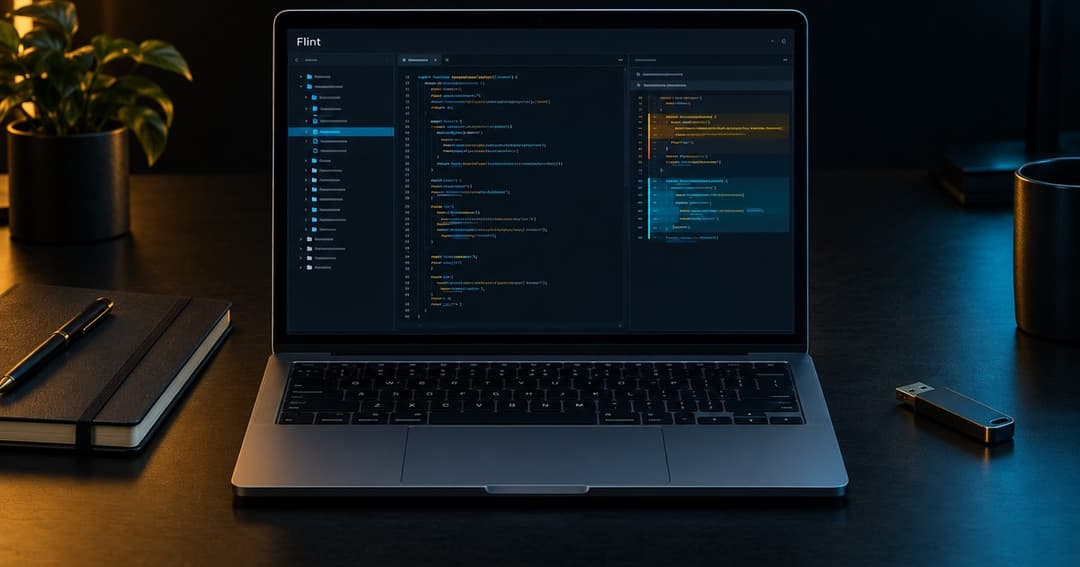 Flintでコードの修正案を扱う開発用ノートPCのAI生成イメージ