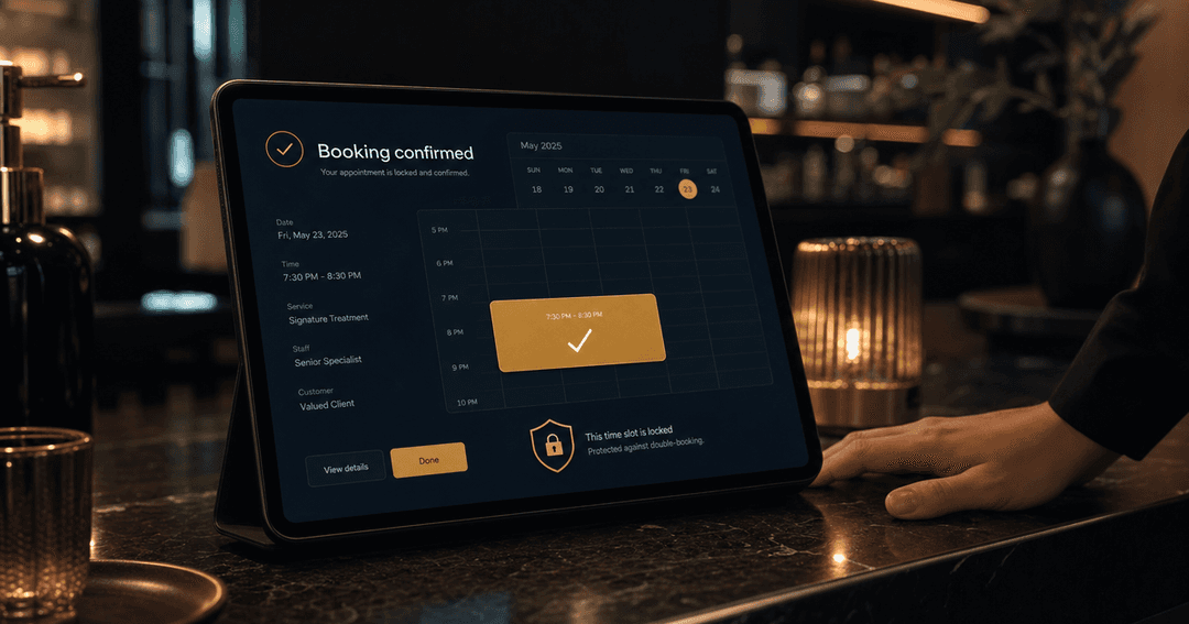 店舗カウンターのタブレットに予約確定画面。ゴールドに変わった予約枠と大きなチェックマーク、二重予約をブロックする盾のアイコンが表示されている