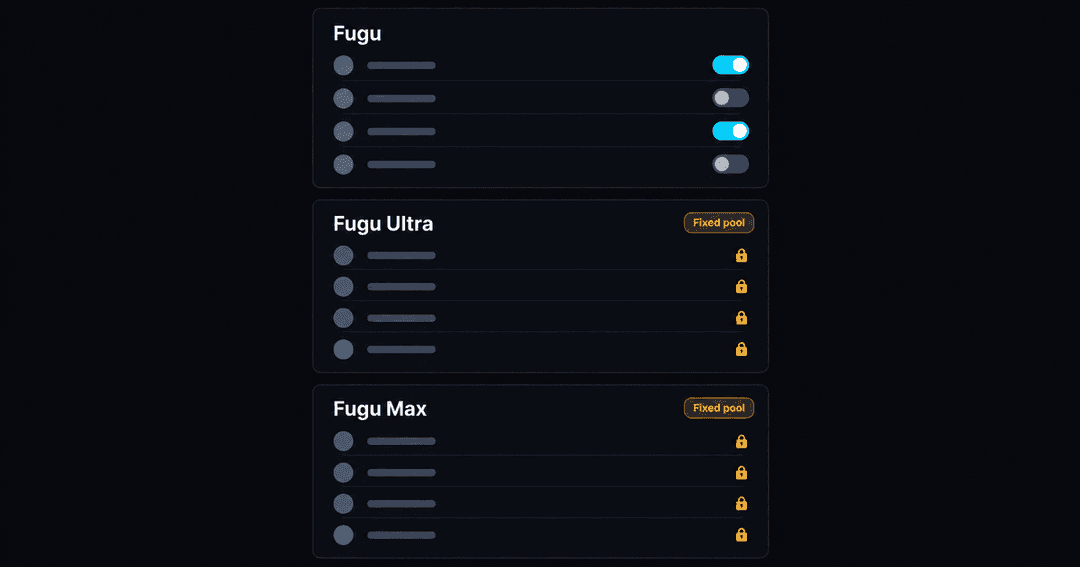 コンソールの設定画面。FuguではモデルごとのON/OFFスイッチがあり、Fugu UltraとFugu Maxは鍵のアイコンで固定と表示されている