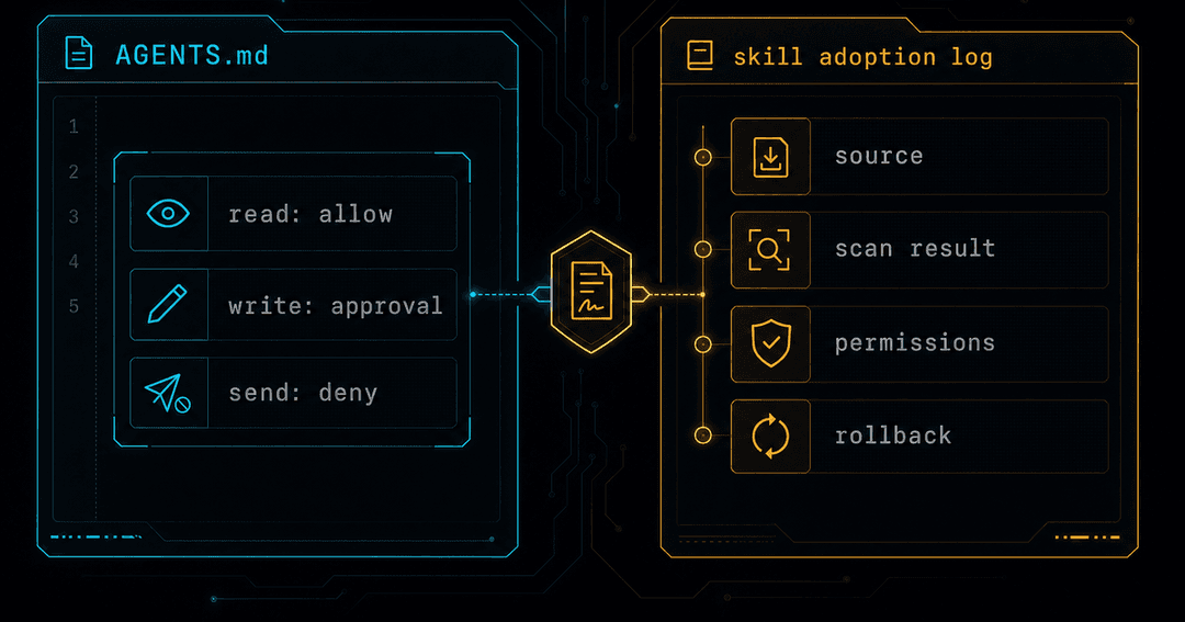 AGENTS.mdの権限契約と、スキル導入ログのWiki画面を並べたダークなUIモック。read・write・sendの許可範囲と、導入理由・スキャン結果・ロールバック手順が記録されている