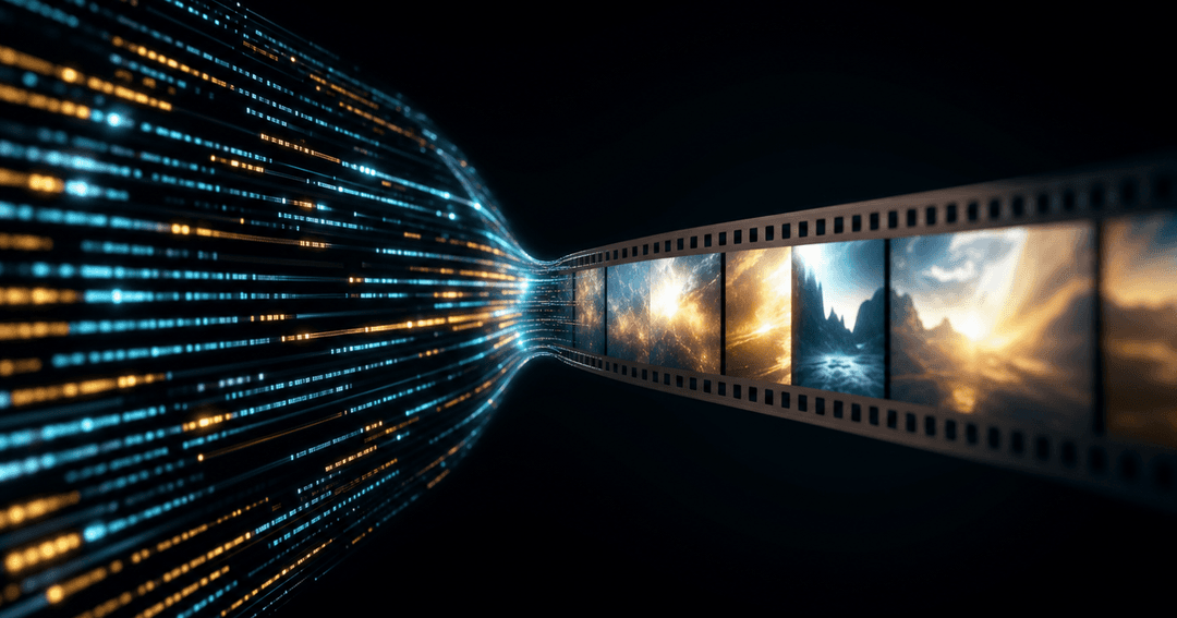 プログラムのコードが、整然と並ぶ動画のフレーム列へと変換されていく、精密でシネマティックなダークな情景