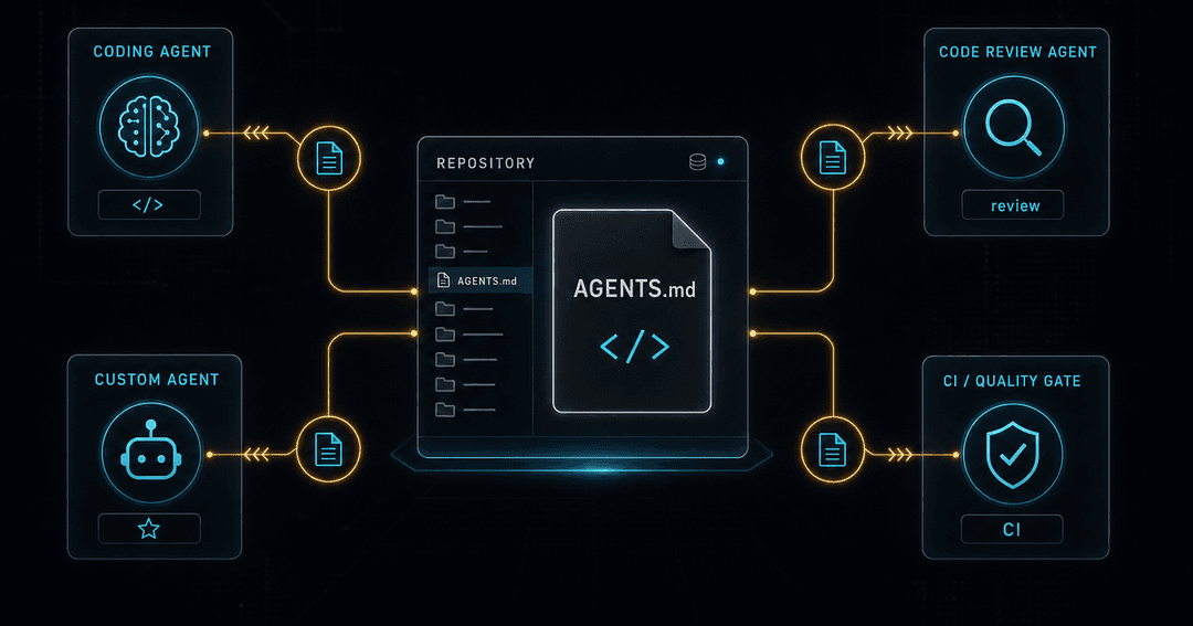 ダークなリポジトリ画面。中央に AGENTS.md ファイルがあり、そこから複数のAIエージェント(コーディング・コードレビュー・カスタムエージェント・CI)へ線が伸び、全員が同じ指示を読んでいる構図。シアンとゴールドのアクセント
