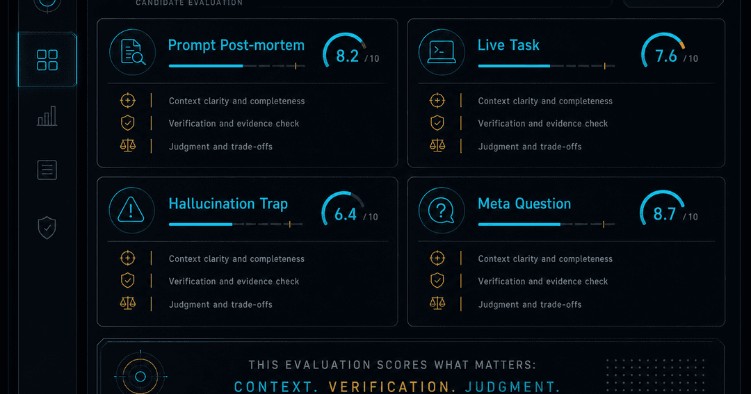ダークテーマのAI活用力評価ダッシュボードのUIモック。prompt post-mortem・live task・hallucination trap・meta question の4つの評価パネルが並び、それぞれにスコアと観察メモが表示されている