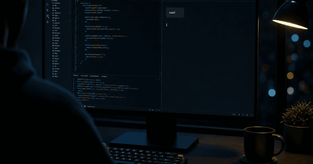 深夜の開発者のデスク。コードエディタ内のAIアシスタントのチャット欄に、最後の返信として「court」という一語だけが表示され、そのまま止まっている画面