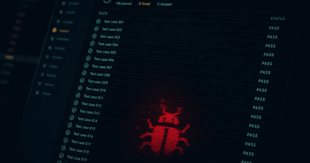 ダークなCI/テスト結果画面。チェック項目がずらりと緑のPASSで並ぶ手前で、その裏に赤く点滅する小さなバグが潜んでいる構図