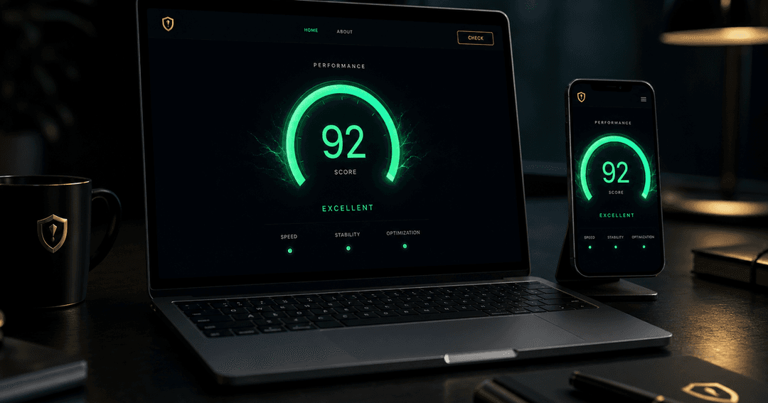 ノートPCとスマホに同じサイトが瞬時に表示され、パフォーマンス計測のゲージが緑の高スコアで光っている、軽くなったサイトの検収風景