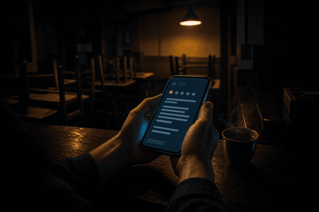 閉店後の暗い店内で、星1つの口コミが表示されたスマートフォンを見つめる店主の手元