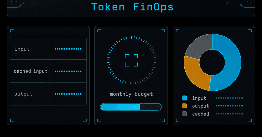 Token FinOps ダッシュボードのUIモック。model tier別の単価、monthly budget の使用バー、input/output/cached tokens の内訳が並ぶダークな画面